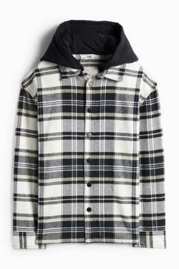 Flanelová košilová bunda s kapucí - kostkovaná