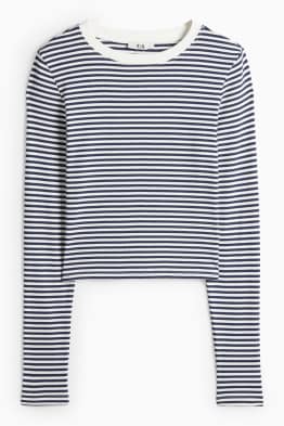 Krátké tričko s dlouhým rukávem - slim fit - žebrované - pruhované