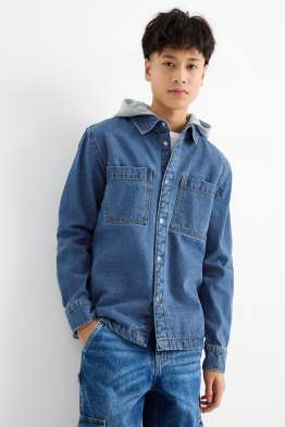 Denim shirt jacket with hood