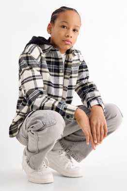 Flanelová košilová bunda s kapucí - kostkovaná