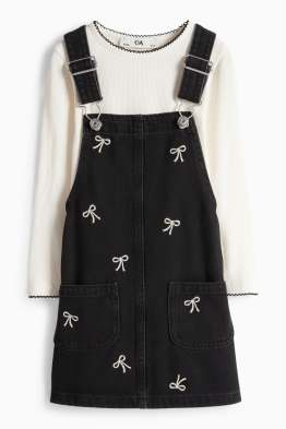 Fundă - set - tricou cu mânecă lungă și rochie-salopetă din denim - 2 piese