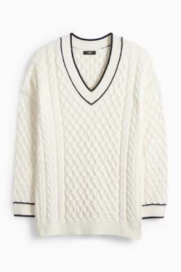 Svetr s výstřihem ve tvaru V - s copánkovým vzorem
