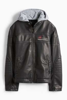 Racing - giacca stile motociclista con cappuccio - similpelle