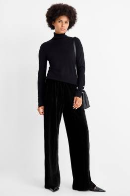 Plissee-Samt-Hose - High Waist - Wide Leg