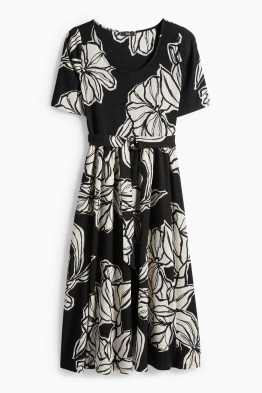 Fit & Flare Kleid mit Gürtel - geblümt - strukturiert