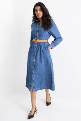 Jeans-Blusenkleid mit V-Ausschnitt und Gürtel