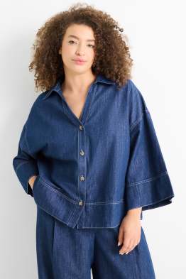 Denim blouse with V-neck and linen content