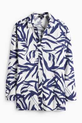 Bluse mit V-Ausschnitt - Leinen-Mix - gemustert