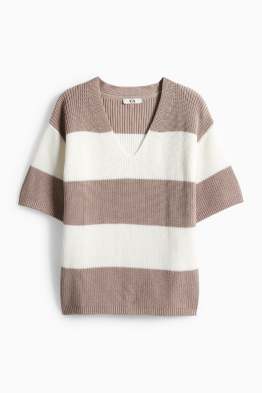 Strickpullover - kurzarm - gerippt - gestreift