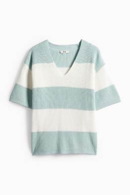 Strickpullover - kurzarm - gerippt - gestreift