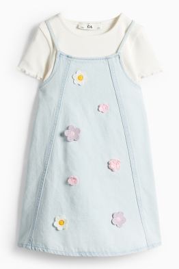 Floare - set - tricou cu mânecă scurtă și rochie din denim - 2 piese