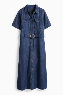 Džínové halenkové šaty s páskem