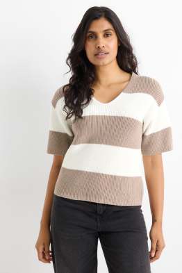 Strickpullover - kurzarm - gerippt - gestreift