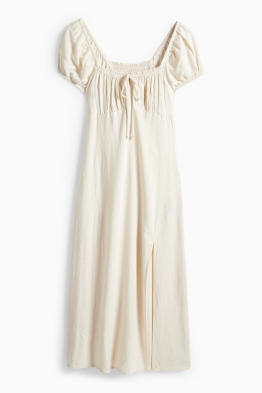 Kleid mit Schlitz und Leinen-Anteil - gesmokt