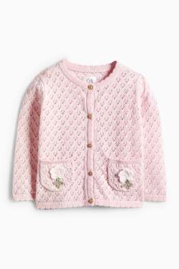 Květiny - pletený kardigan pro miminka s háčkovanými aplikacemi