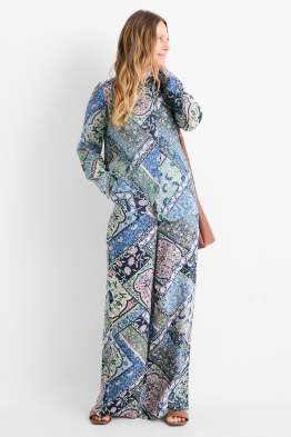 Pantaloni de stofă - talie medie - wide leg - cu model