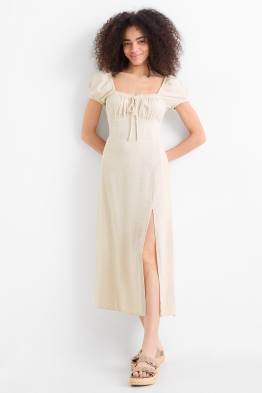 Kleid mit Schlitz und Leinen-Anteil - gesmokt