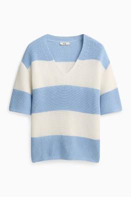 Knitted jumper - short sleeve - ribbed - striped