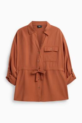 Leinen-Bluse mit Knotendetail und V-Ausschnitt