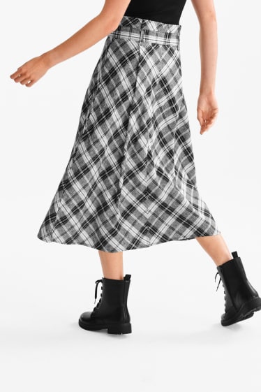 Mujer - Falda con cinturón - Mezcla de lino - De cuadros - negro / blanco