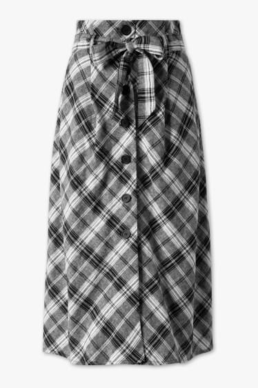 Mujer - Falda con cinturón - Mezcla de lino - De cuadros - negro / blanco