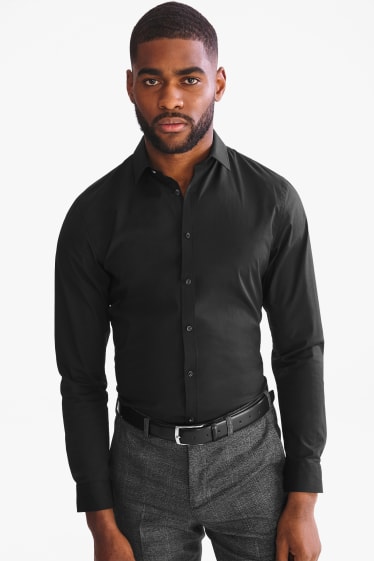 Men - Business shirt - body fit - kent collar - stretch - black