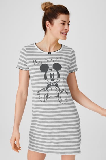 Women - Nightshirt - striped - Mickey Mouse - white / gray