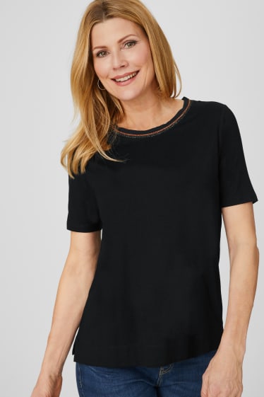Dames - T-shirt - glanseffect - zwart