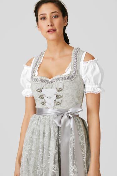 Donna - Vestito tirolese - scollo a cuore - 3 pezzi - bianco / grigio