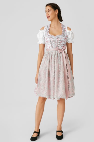 Dames - Dirndl - hartvormige halslijn - 3-delig - wit / roze