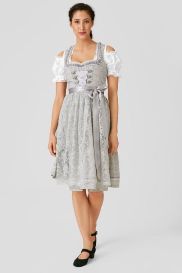 Women - Dirndl - heart-shaped neckline - 3 piece - white / gray