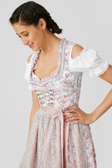 Mujer - Vestido tirolesa - Escote en forma de corazón - 3 piezas - blanco / rosa