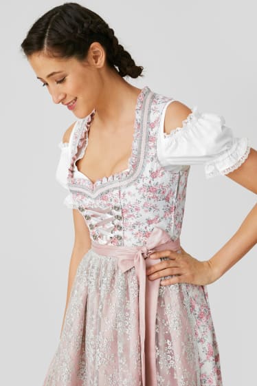 Femmes - Dirndl - encolure en forme de cœur - 3 pièces - blanc / rose