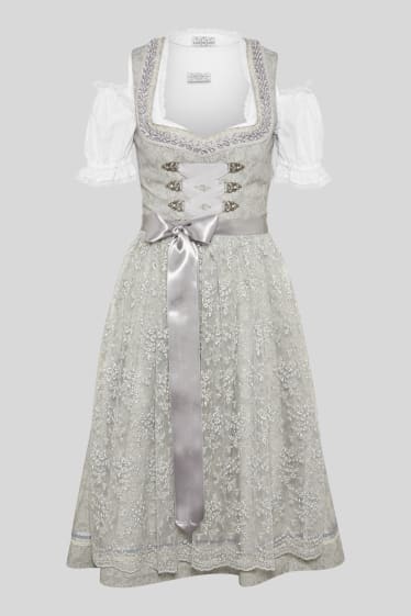 Donna - Vestito tirolese - scollo a cuore - 3 pezzi - bianco / grigio