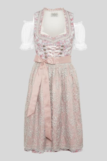 Mujer - Vestido tirolesa - Escote en forma de corazón - 3 piezas - blanco / rosa