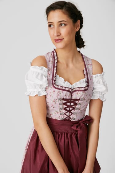 Damen - Dirndl - Herzausschnitt - 3 teilig - bordeaux / weiß