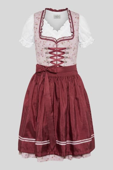 Damen - Dirndl - Herzausschnitt - 3 teilig - bordeaux / weiß