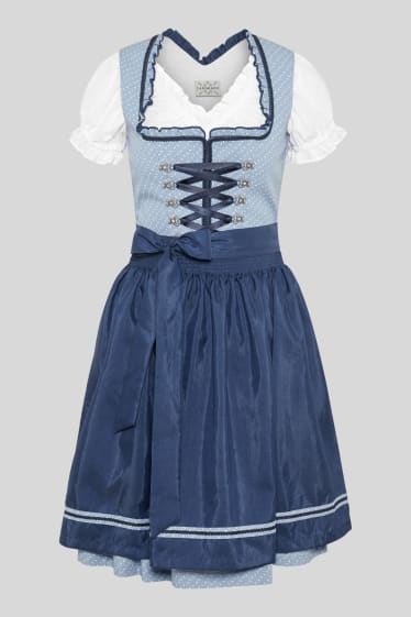 Donna - Vestito tirolese - scollo a cuore - 3 pezzi - bianco / blu