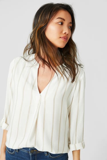 Women - Blouse - striped - shiny - white / beige