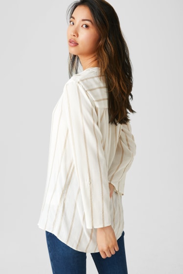 Women - Blouse - striped - shiny - white / beige