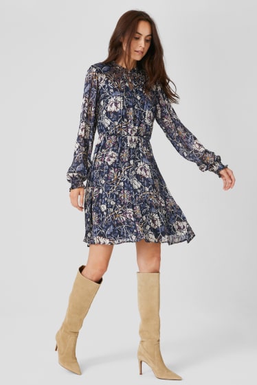 Women - Fit & flare dress - shiny - dark blue / creme white