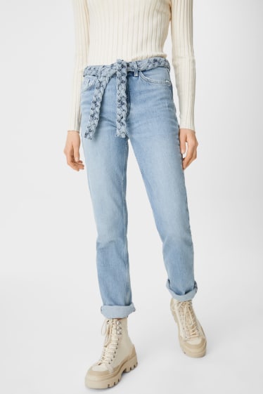 Mujer - Premium straight jeans con cinturón - azul claro