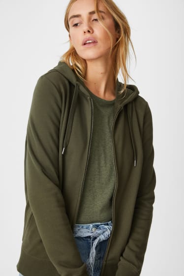 Women - Basic zip-through sweatshirt with hood - khaki