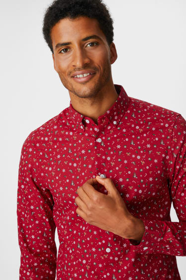 Heren - Kerstoverhemd - Slim Fit - button down - rood