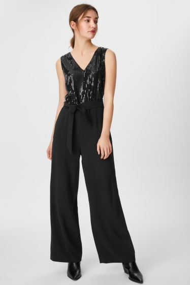 Damen - Jumpsuit - Glanz-Effekt - schwarz