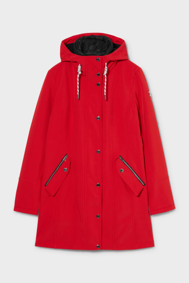 Kobiety - Przeciwdeszczowy płaszcz z kapturem - watowana - czerwony
