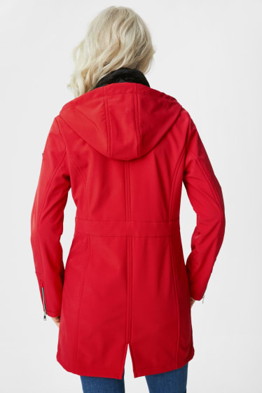 Kobiety - Przeciwdeszczowy płaszcz z kapturem - watowana - czerwony