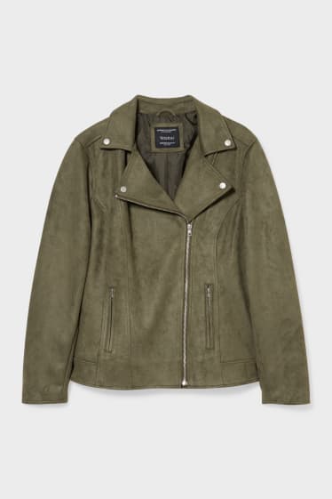 Women - Biker Jacket - Faux Suede - dark green