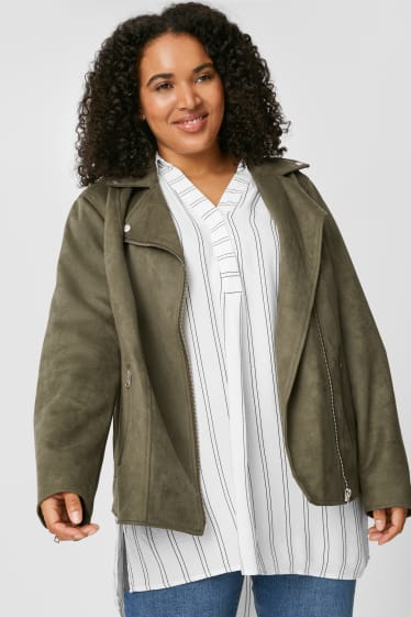 Women - Biker Jacket - Faux Suede - dark green
