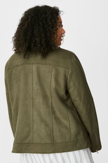 Women - Biker Jacket - Faux Suede - dark green